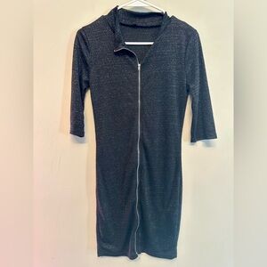Black Front Zipper Glitter Half Sleeve Mini Dress Small